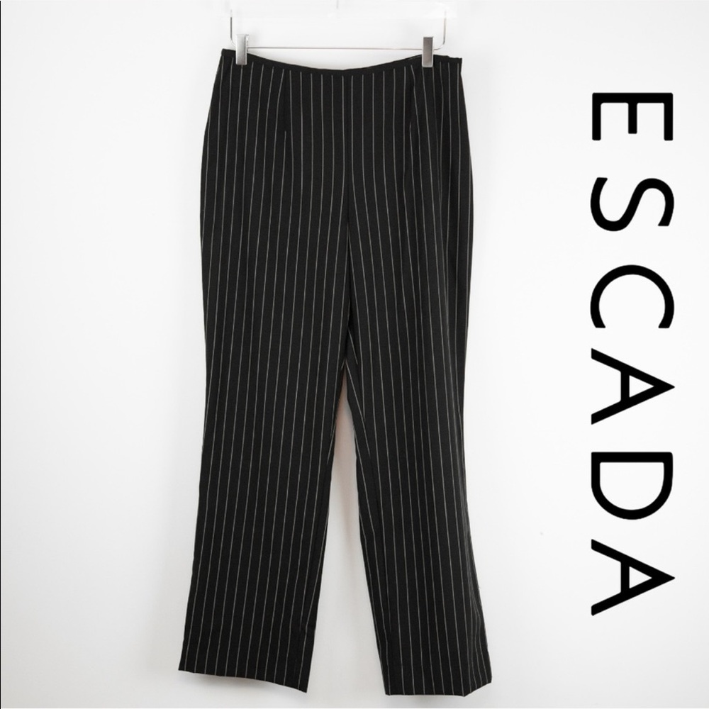 Escada Pinstripe Wool Dress Pants Wide Leg Designer Size 46